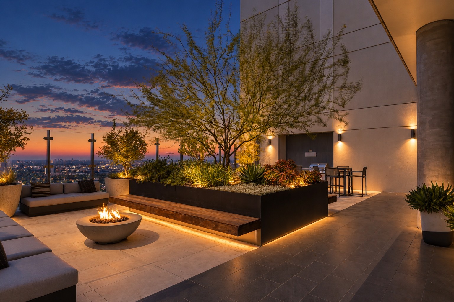 Zen garden terrace at sunset