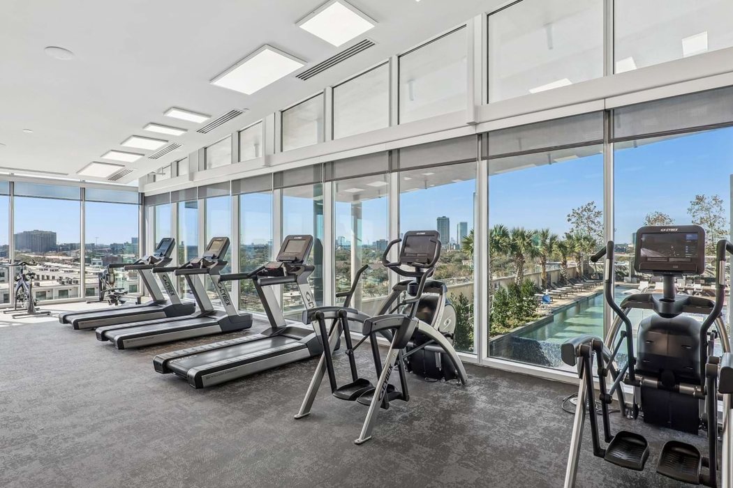 Fitness center with skyline views